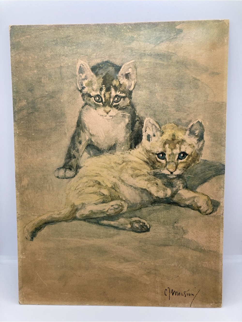 Vintage Cornelis Jan Mension Lithograph of Two Kittens Warm Neutral Tones